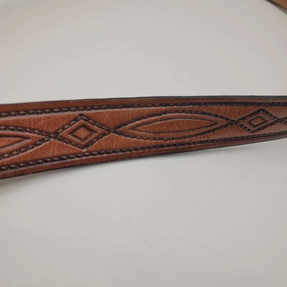 Tooled Leather Belt Size 40 Brown Top Grain Western Oval‎ Brass Buckle